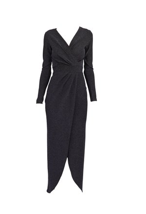 Black long-sleeve draped dress made of a textured, shimmering fabric. Features a deep V-neck and a side-slit hem for added movement.