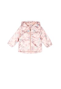 Jasnoróżowa pikowana kurtka z kwiatowymi wzorami, z kapturem i zamek z przodu. Posiada falbany na klatce piersiowej oraz elastyczne mankiety.