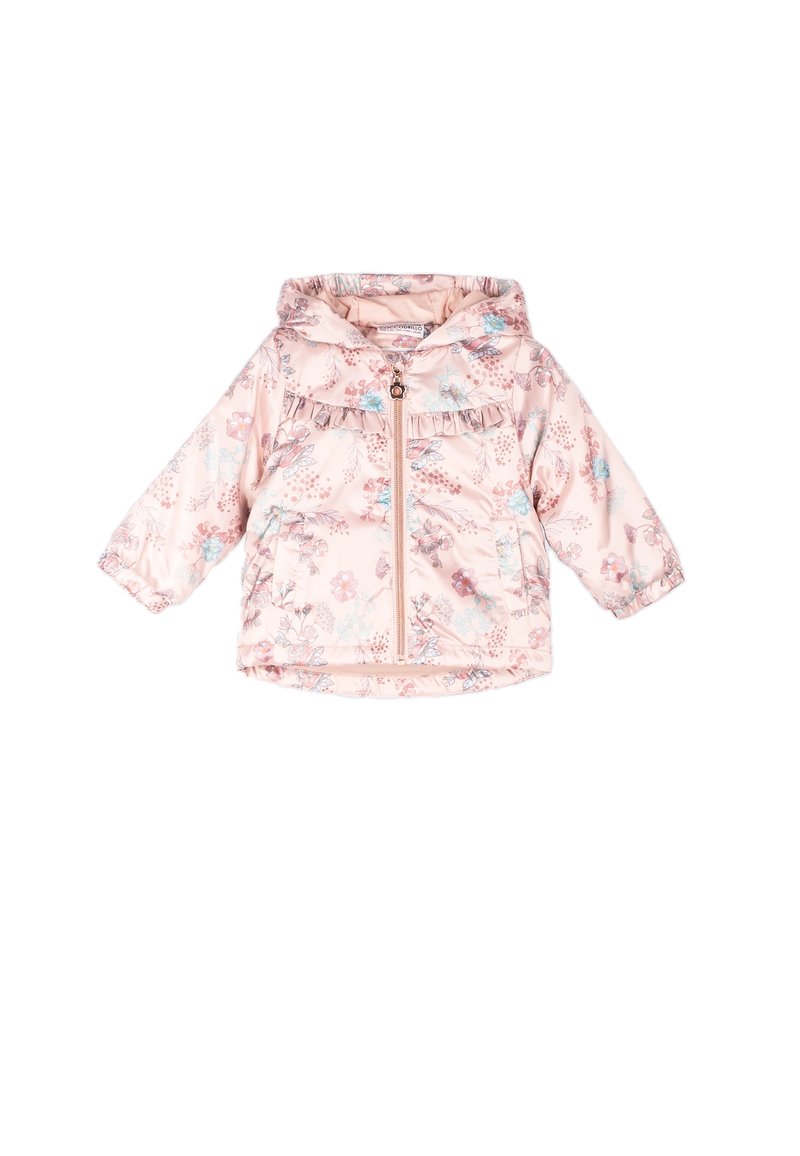 Jasnoróżowa pikowana kurtka z kwiatowymi wzorami, z kapturem i zamek z przodu. Posiada falbany na klatce piersiowej oraz elastyczne mankiety.