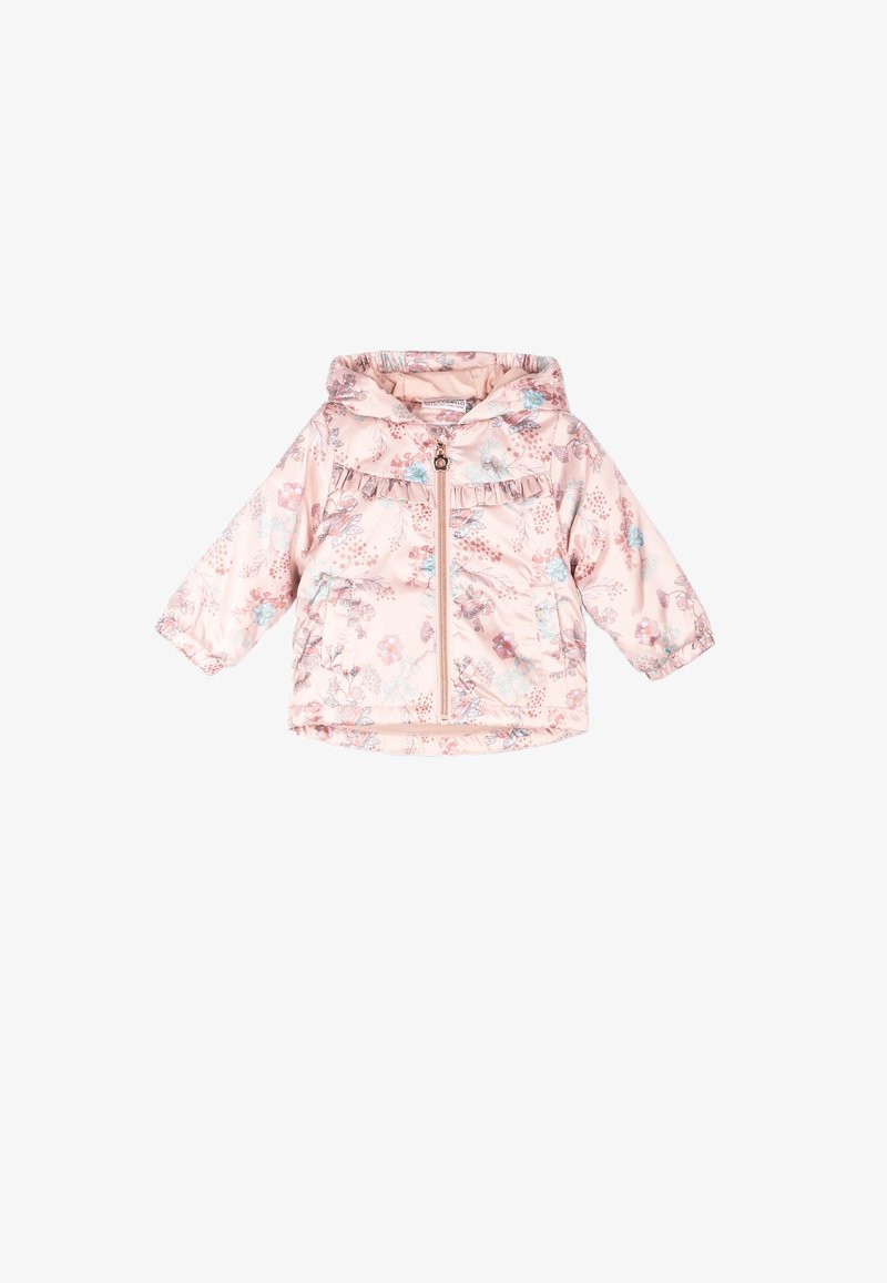 Jasnoróżowa pikowana kurtka z kwiatowymi wzorami, z kapturem i zamek z przodu. Posiada falbany na klatce piersiowej oraz elastyczne mankiety.