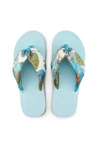 Flip-flops with a light blue rubber sole and floral-patterned fabric straps in turquoise, green, and orange. Features knotted strap design.