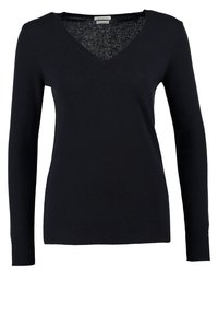 Black V-neck sweater made of a soft knit material, featuring long sleeves and ribbed cuffs and hem. Simple, classic design with no patterns.
