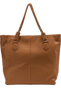 Borsa a mano in pelle marrone con manico a catena intrecciata, due cinghie laterali e una finitura liscia. Presenta due cuciture verticali sul davanti.