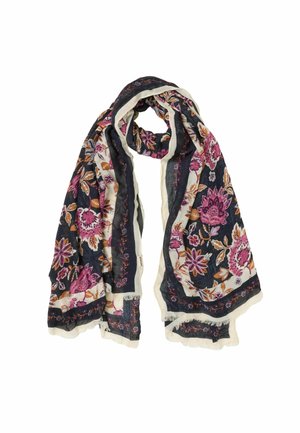 Lightweight scarf with dark background, floral patterns in pink, purple, orange, and leaves, framed by cream-colored borders and fringed edges.