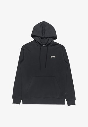 Fekete pulóver kapucnis felső puha pamutból, elöl kenguruzsebbe, húzókás kapucnival, és egy kis fehér hímezett logóval a zseb felett.