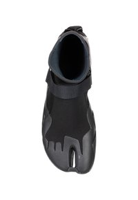 Black neoprene water shoe with a unique toe split design, featuring a fitted ankle and a textured rubber sole for enhanced grip.