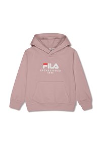 Sudadera con capucha color malva claro, con bolsillo frontal tipo canguro y un logo blanco y rojo de "FILA Established 1911" centrado en el pecho.