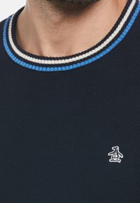 Pull-over en maille bleu marine avec un col rond côtelé orné de rayures bleu clair, blanches et bleu foncé ; logo pingouin brodé sur la poitrine.