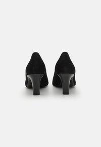 Black suede high-heeled shoes with a smooth texture and pointed toe, featuring a medium block heel for stability.