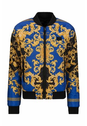 Veste bomber bleue et noire avec des motifs floraux baroques dorés, poignets noirs, col et fermeture éclair à l'avant.