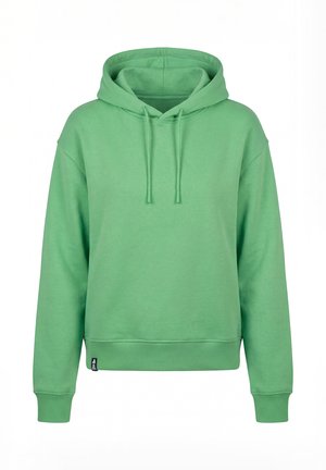 Groene hoodie met lange mouwen, capuchon met trekkoord, geribbelde boorden en zoom, en een klein zwart label vlakbij de onderzoom.