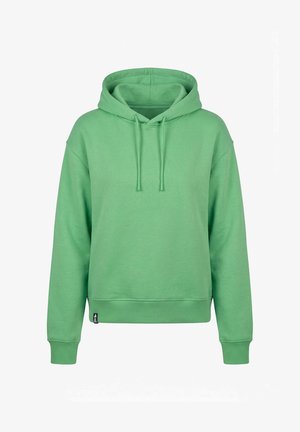 Groene hoodie met lange mouwen, capuchon met trekkoord, geribbelde boorden en zoom, en een klein zwart label vlakbij de onderzoom.