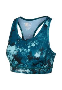 Sportbeha met een patroon in teal en zwart, racerback ontwerp en "Hummel"-logo onderaan in het midden.