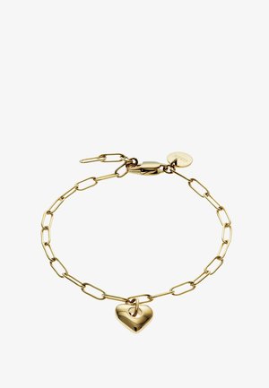 Bracelet chaîne ton or avec un design de maillons allongés, orné d'un pendentif cœur brillant. Fermoir sécurisé et petite étiquette de marque incluse.