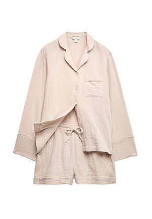Hellbeiges, strukturiertes Baumwoll-Pyjama-Set mit langärmeligem, durchgeknöpftem Oberteil mit Brusttasche und elastischen Shorts mit Kordelzugbund.