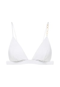Bia�ły bikini w kształcie trójkąta z cienkimi ramiączkami. Posiada gładką teksturę oraz złotą łańcuszek na prawej ramiączku. Prosty design.