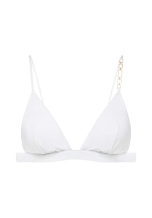Biały bikini w kształcie trójkąta z cienkimi ramiączkami. Posiada gładką teksturę oraz złotą łańcuszek na prawej ramiączku. Prosty design.
