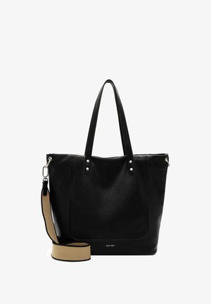 Black leather tote bag with a textured surface, dual top handles, and a detachable beige strap. Features silver hardware accents.