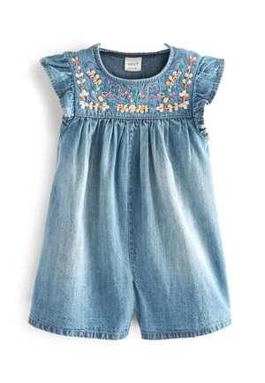 Lyseblå denimheldragt til småbørn med korte flæseærmer og farverig blomsterbroderi over bryststykket.