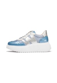 Blue and silver lace-up sneakers with a chunky white sole, textured leather and fabric materials, featuring geometric design accents.