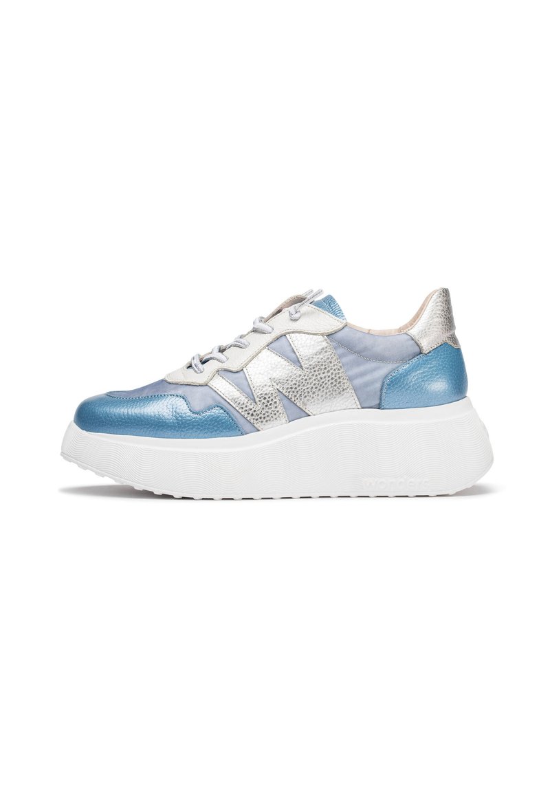 Blue and silver lace-up sneakers with a chunky white sole, textured leather and fabric materials, featuring geometric design accents.