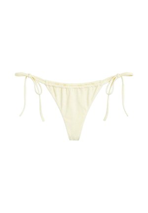 Cream-colored bikini bottom with adjustable side ties and gathered fabric details on a white background.