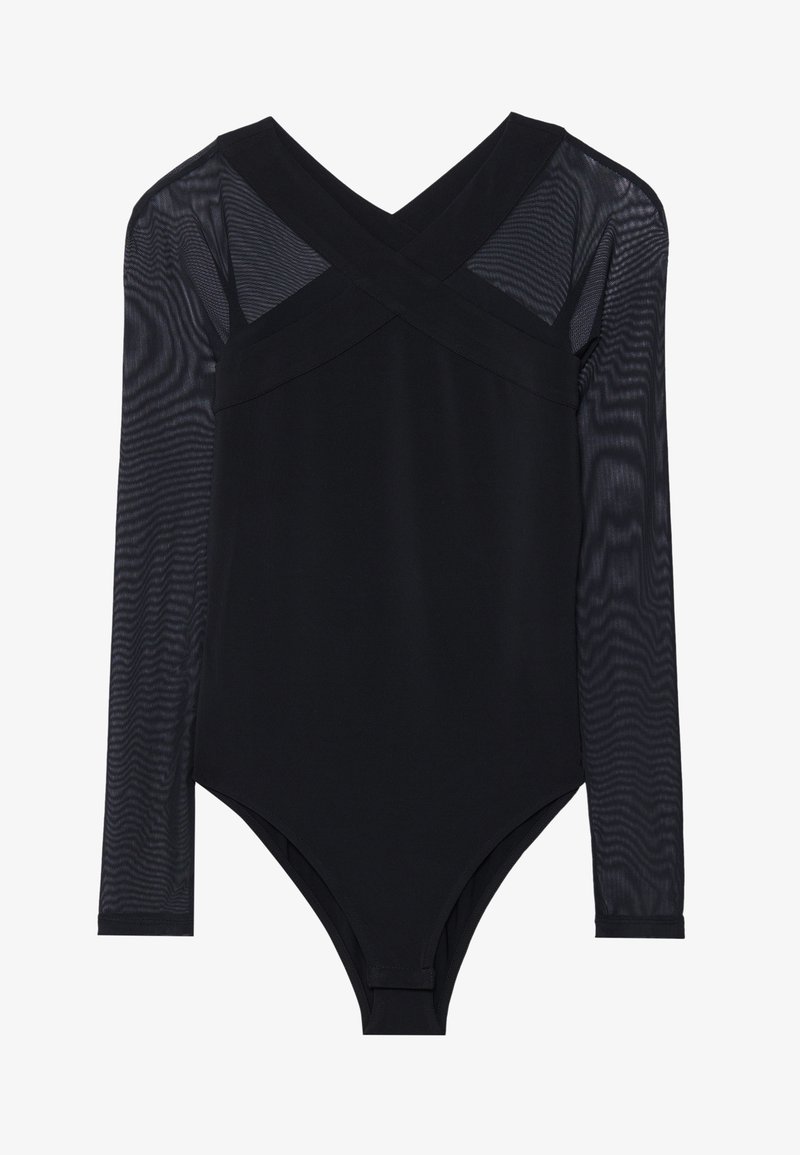 Schwarzer Bodysuit mit langen Mesh-Ärmeln, tiefem V-Ausschnitt und figurbetontem Design, das den glatten Stoff und die schlichte Konstruktion betont.