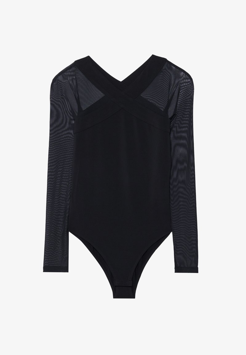 Black bodysuit featuring long mesh sleeves, a deep V-neck, and a fitted design, highlighting smooth fabric and understated construction.