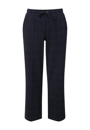 Pantaloni a scacchi blu navy con vita elastica e cordoncino. Presentano due pieghe frontali e un tessuto morbido e testurizzato. Design a gamba dritta.