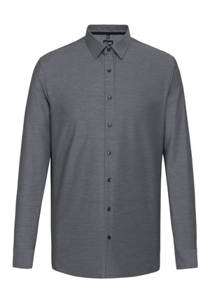 Heren langemouwen button-up shirt in donkergrijs. Bevat een gestructureerde kraag, subtiele textuur, zwarte knopen en verstelbare manchetten.