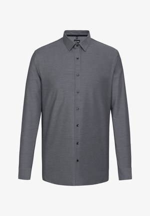Herren Langarm-Hemd in Dunkelgrau mit Knöpfen. Es verfügt über einen strukturierten Kragen, eine dezente Textur, schwarze Knöpfe und verstellbare Manschetten.