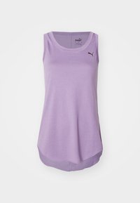 Heledane violet värvi ilma varrukateta T-särk ümarate kaeluste, kumerate allääride ja musta Puma logoga vasakul rinnas. Pehme kangastekstuuri.