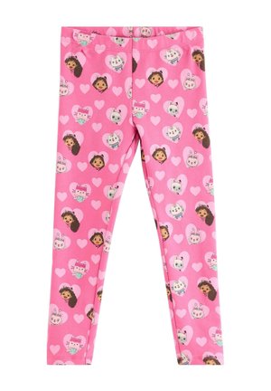 Roze kinderleggings met een patroon van herhalende cartoongezichten en kleine hartjes overal.