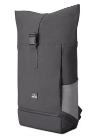 Black roll-top backpack with a textured finish, featuring a gray accent on the bottom, adjustable strap, and side pocket.