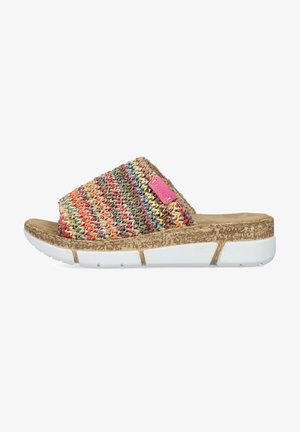 Vævet multicolor slide sandal med en tekstureret overdel, beige kork mellemsål og hvidgummisål. Har et pink mærke-label på siden.
