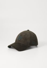 Dark green corduroy baseball cap with a front embroidered "A's" logo in teal, featuring a curved brim and textured surface.