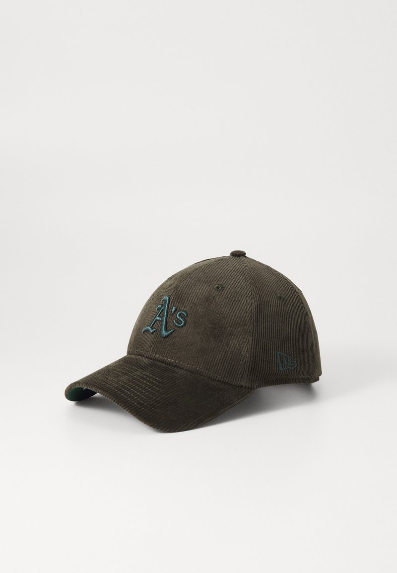 Dark green corduroy baseball cap with a front embroidered "A's" logo in teal, featuring a curved brim and textured surface.