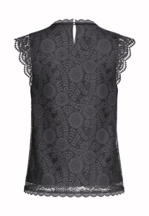 Top de renda cinza com um padrão floral, mangas em bico, decote redondo e detalhe de buraco-chave nas costas.