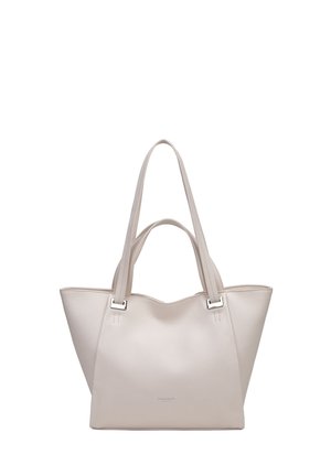 Borsa tote in pelle beige con doppio manico superiore, forma a trapezio strutturata e logo del brand discreto nella parte inferiore centrale.