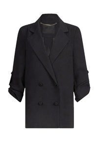 Blazer nero doppiopetto con design strutturato, revers a lancia, maniche risvoltate e tessuto liscio e strutturato.