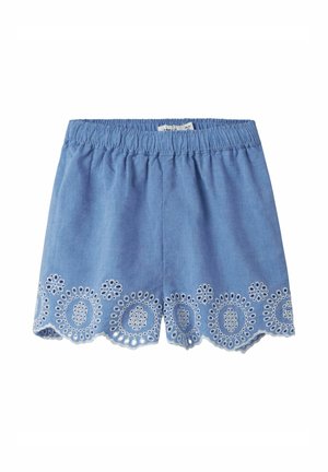 Blauwe katoenen shorts met elastische tailleband en decoratief wit geborduurd oogjespatroon langs de geschulpte zoom.