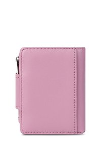 Pink leather wallet with a smooth texture, compact rectangular shape, and a side zipper. Features clean stitching and minimalistic design.