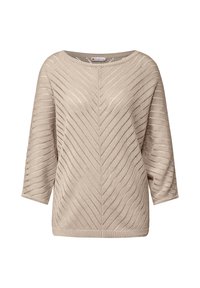 Beige knit sweater with a loose fit, featuring a chevron pattern, three-quarter sleeves, and a wide neckline. Textured, lightweight fabric.