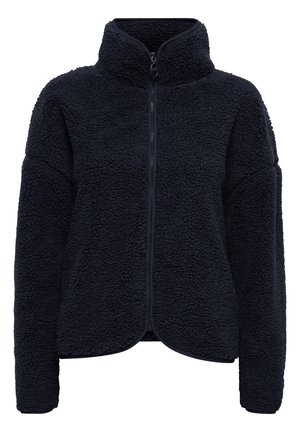 Navy fleece jacket with high collar, zip closure, and textured fabric. Features loose fit and long sleeves. No visible patterns or accents.