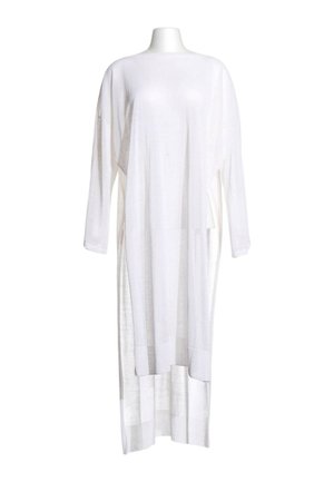 Long white lightweight knit dress with long sleeves and a high neckline, displayed on a headless mannequin.