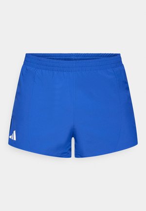 Pantaloni scurți atletici albaștri cu talie elastică, având o textură netedă și un accent de logo alb pe partea stângă jos.