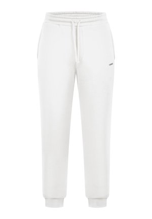 Pantalones deportivos blancos hechos de tela suave, con cintura elástica, cierre de cordón y puños acanalados. Diseño minimalista sin estampados.