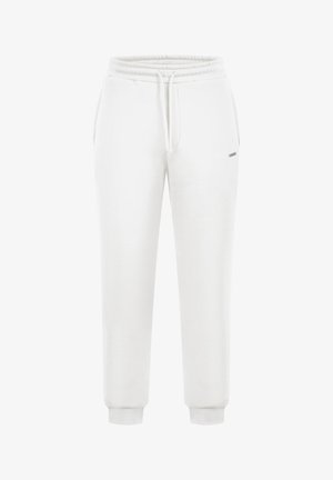 Witte joggingbroek van zacht materiaal, voorzien van een elastische tailleband, trekkoordsluiting en geribbelde boorden. Minimalistisch ontwerp zonder patronen.