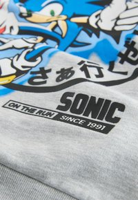 Sonic the Hedgehog grafik på en grå sweatshirt, med levende farver og teksten "SONIC ON THE RUN SINCE 1991."