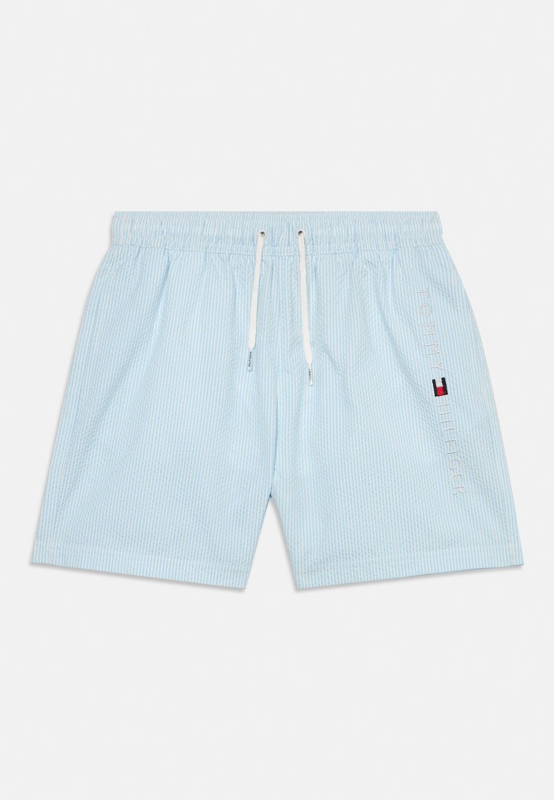Ανοιχτό μπλε μαγιό σορτς με λευκές κάθετες ρίγες, ελαστική μέση, κορδόνι και κεντημένη λεπτομέρεια με το λογότυπο "Tommy Hilfiger".